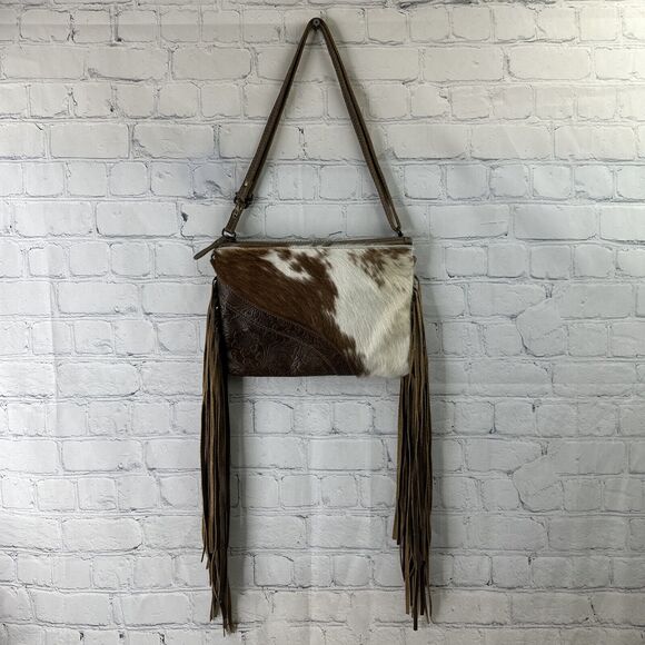 Myra Bag Leather ,Floral Canvas & Cowhide Whipstitch Fringe Crossbody W/ Wallet‎ - Picture 1 of 14